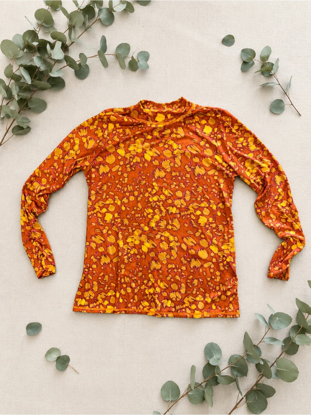 LOGO Layers Floral Tie Sleeve Knit Top Large Boho Orange Yellow Large